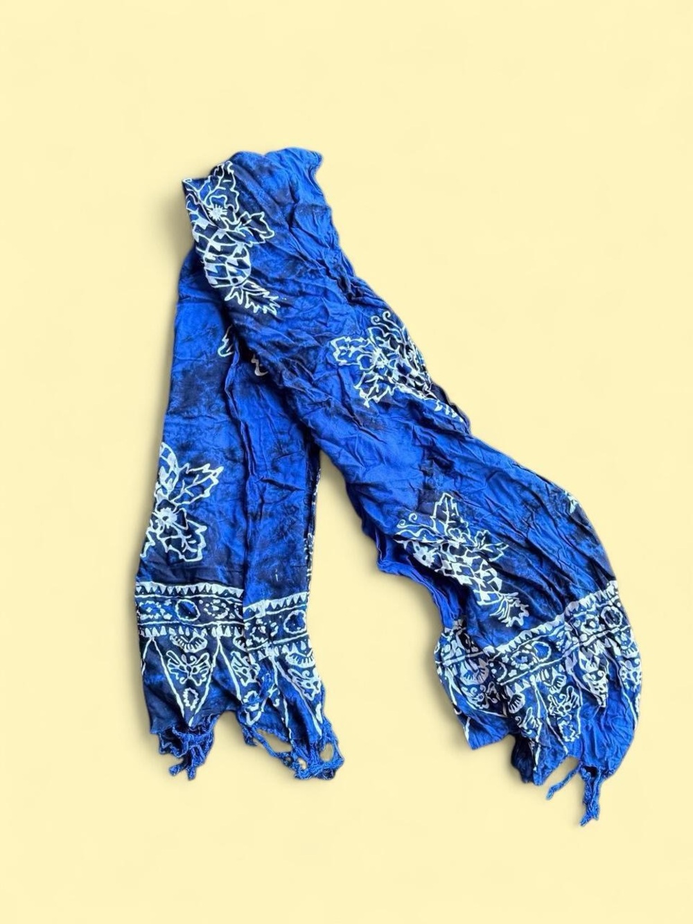 ✨Blue scarf with white floral and geometric embroidery✨
